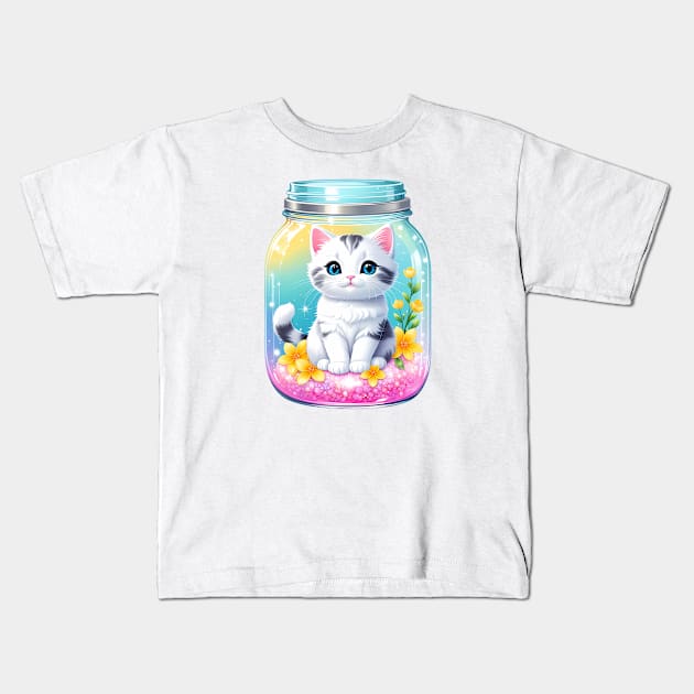 Cute Kawaii Cat With Beautiful Flowers In Mason Jar Kids T-Shirt by HappyDigitalPOD